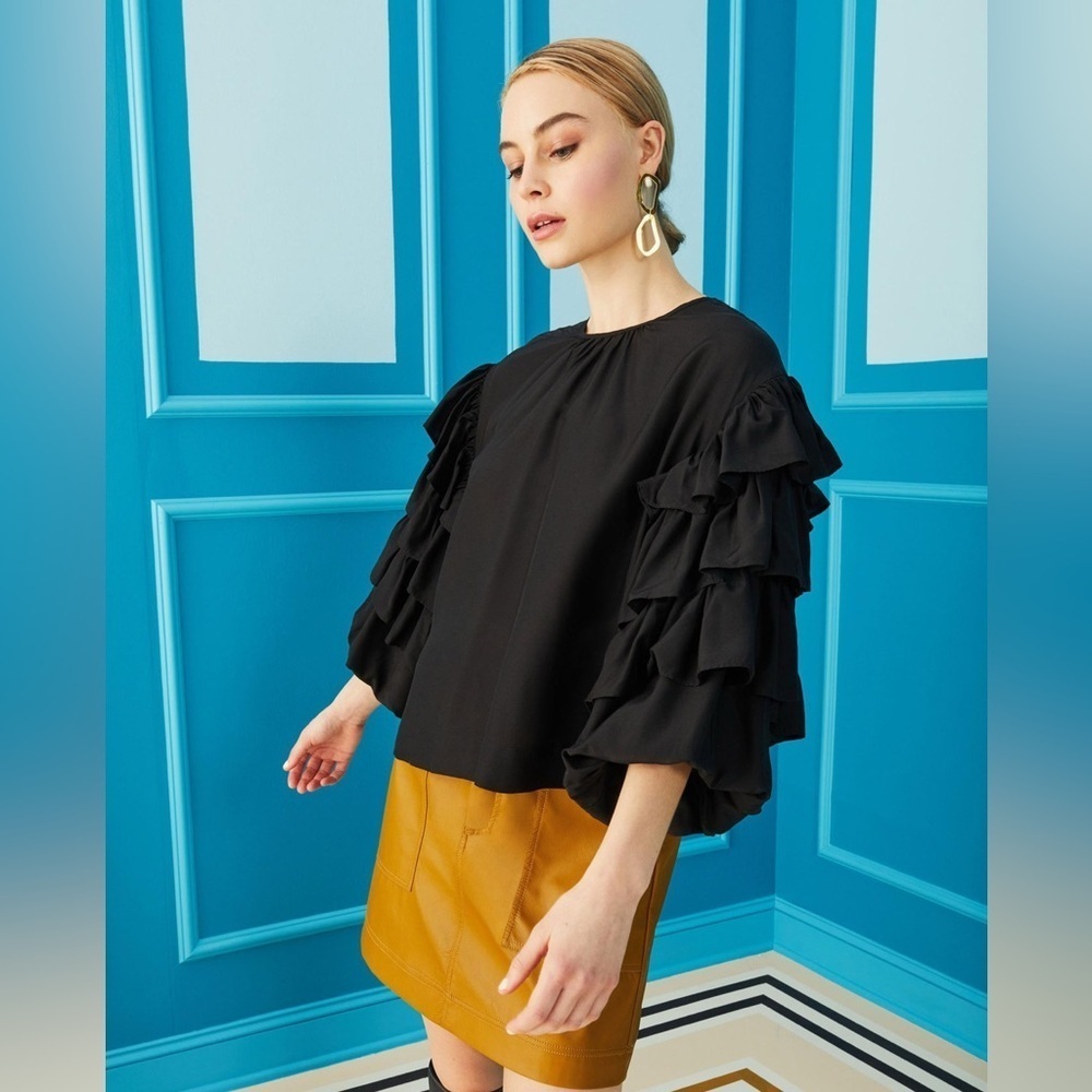Marie Oliver Ferne Top | Black Ruffle Puff Sleeve Blouse | Silk Blend | Size S
